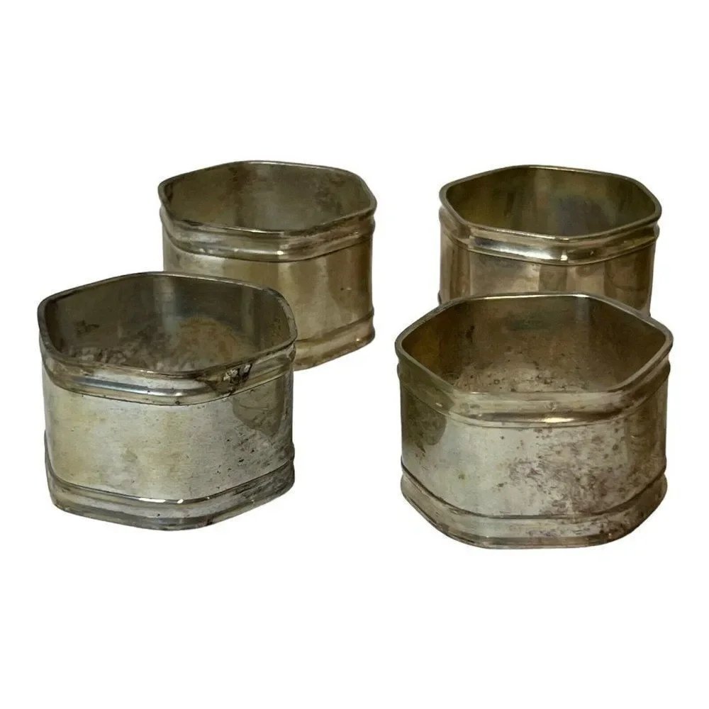 Vintage Set Of 8 Made in India Silver Hexagon Napkin Rings Tabletop Decor READ